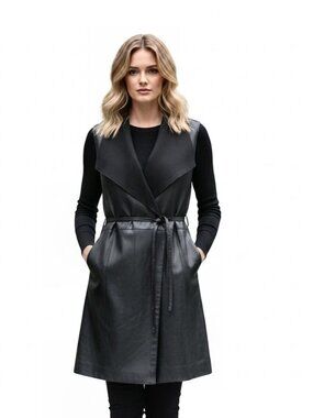 Vince Black Long Drape Leather Vest With Tie, Womens Size Medium